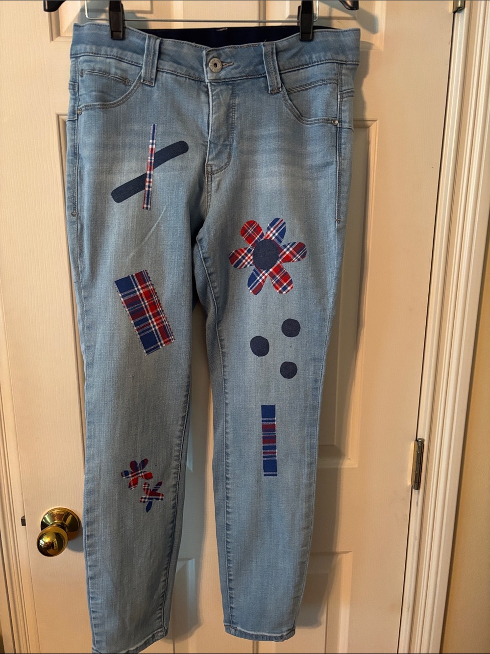 Upcycled Light Blue Skinny Jeans with Red & Navy Plaid Patches